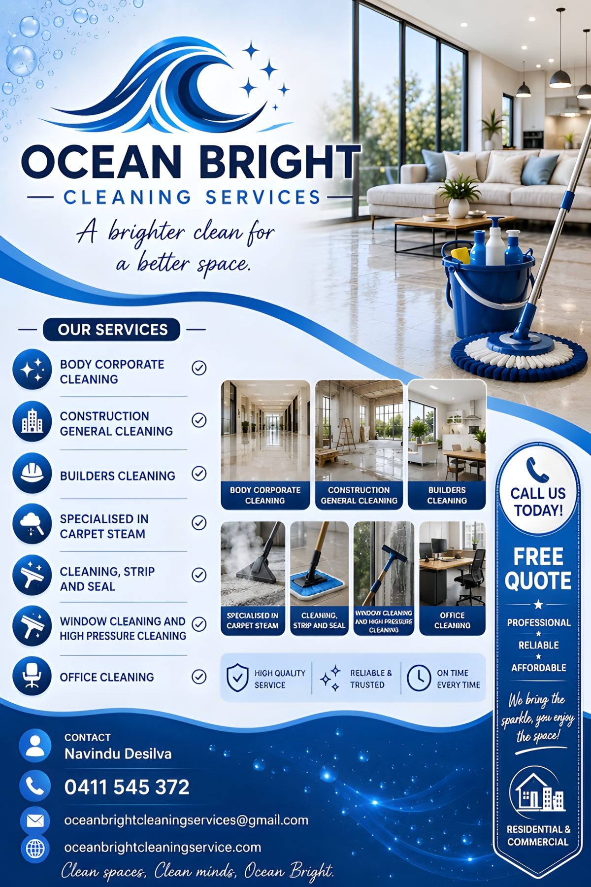 Ocean Bright Cleaning Services flyer showing the full service list, contact details and free quote offer.